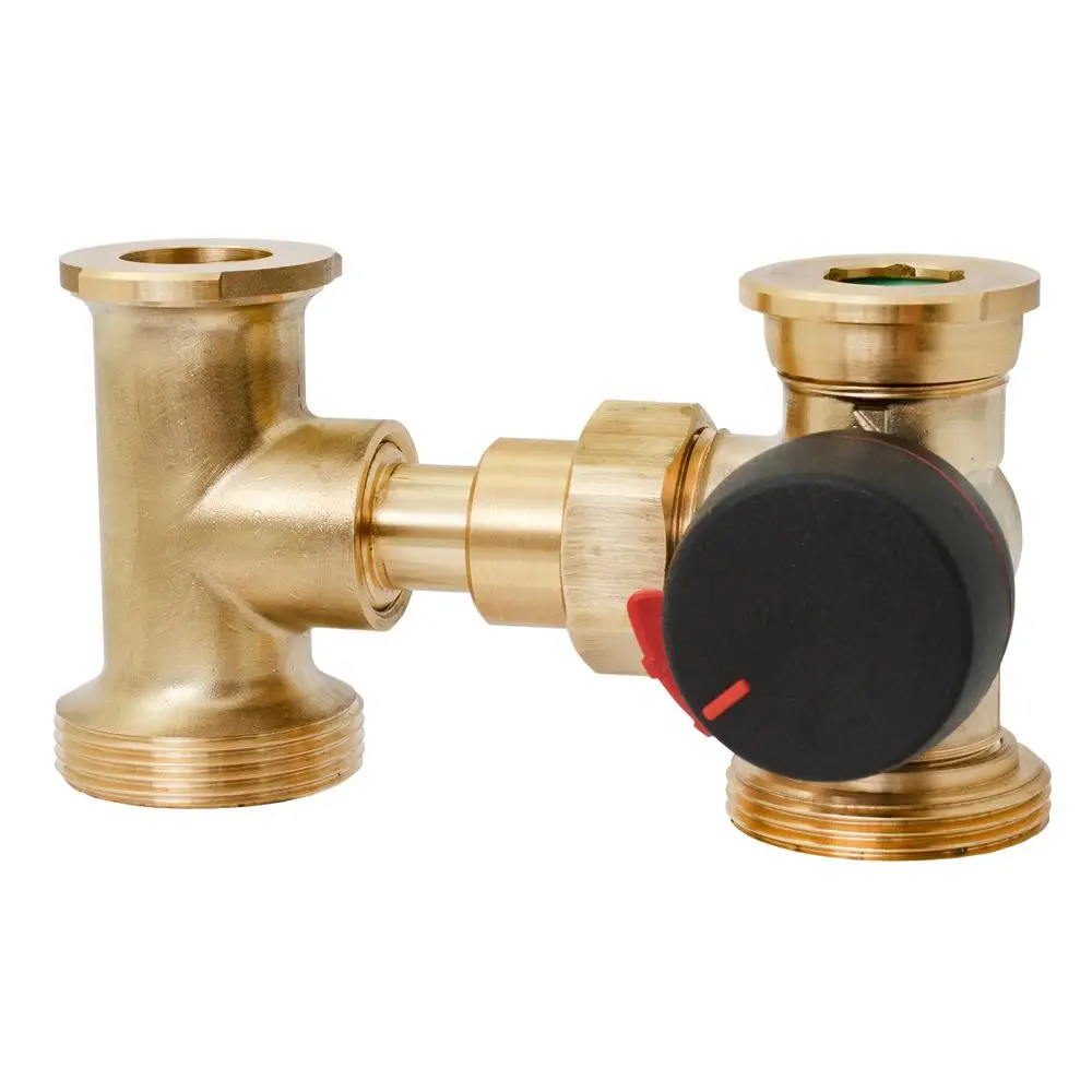 Brass mixing valve from ESBE with three connections, featuring a rotary control knob. The valve is designed for fluid regulation in heating systems.